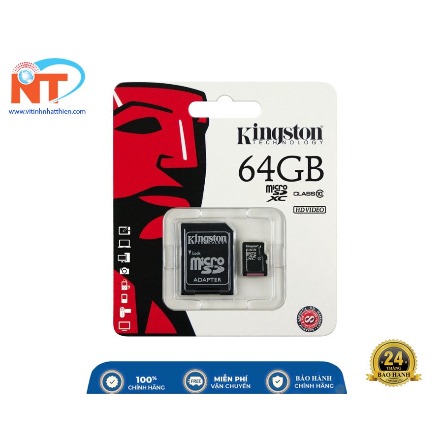 Thẻ Nhớ Micro SD Kingston 64GB Class 10 + Adapter, chuyên dùng camera ip, máy tính bảng, điện thoại... bảo hành 5 năm