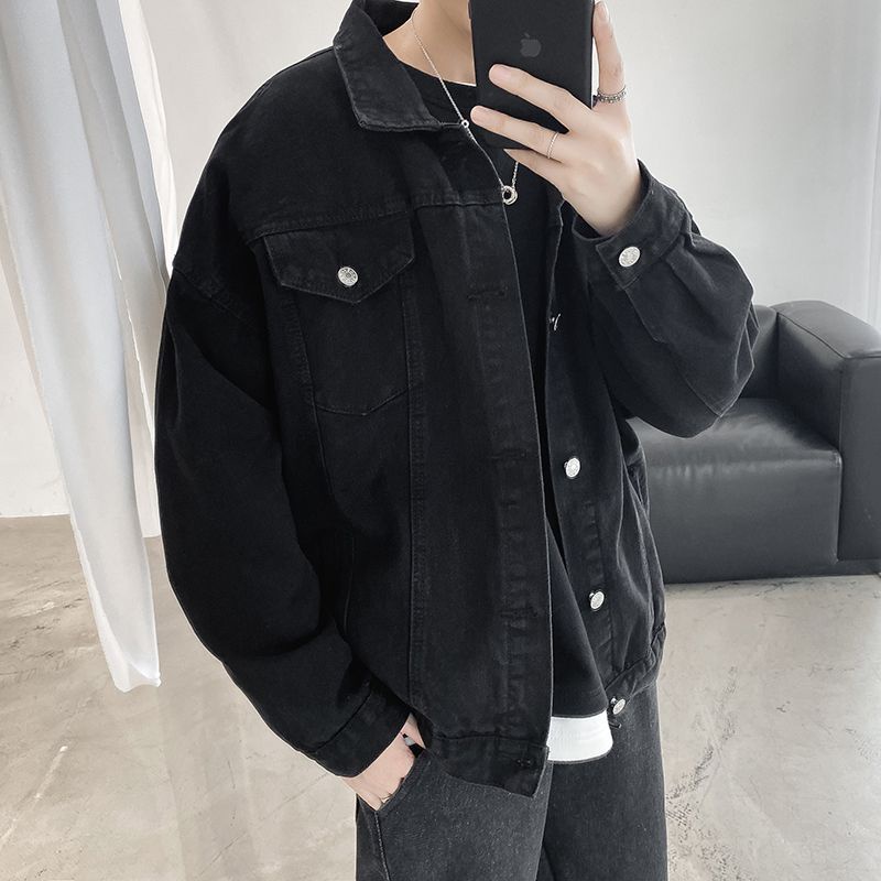 Áo khoác jean nam màu đen có túi trước ngực cài cúc chất denim dáng suông thời trang thu đông