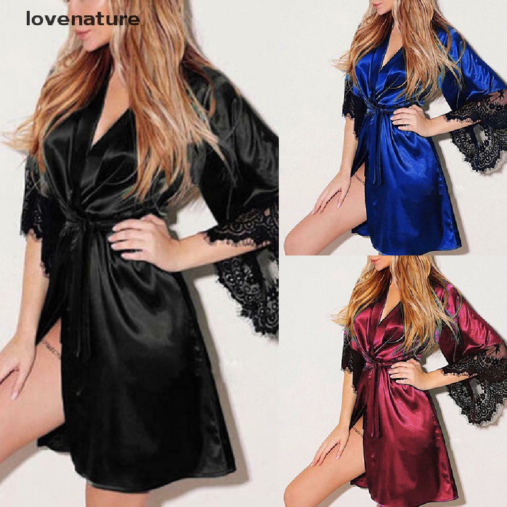 <lovenature> Women Nightwear Lace Satin Silk Nightdress Gown Robe Sleepwear Kimono Robe Dress [HOT SALE]