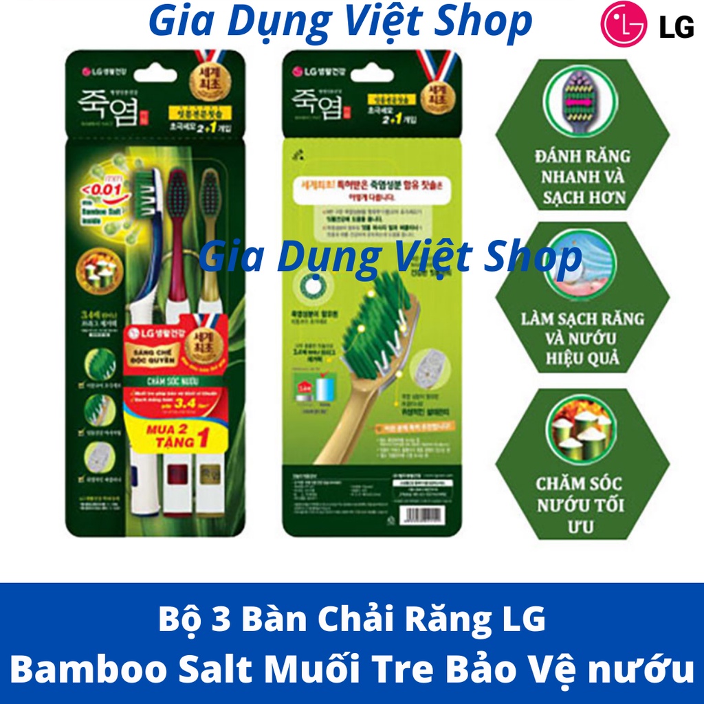 [MUA 2 TẶNG 1] Bộ 3 Bàn Chải Đánh Răng Bamboo Salt Muối Tre Lõi Kép Chăm sóc nướu