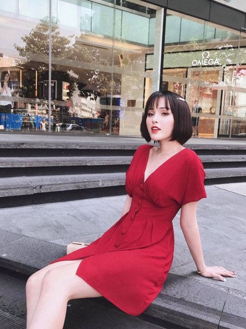 ĐẦM CỔ V Nút Bọc 4 Màu