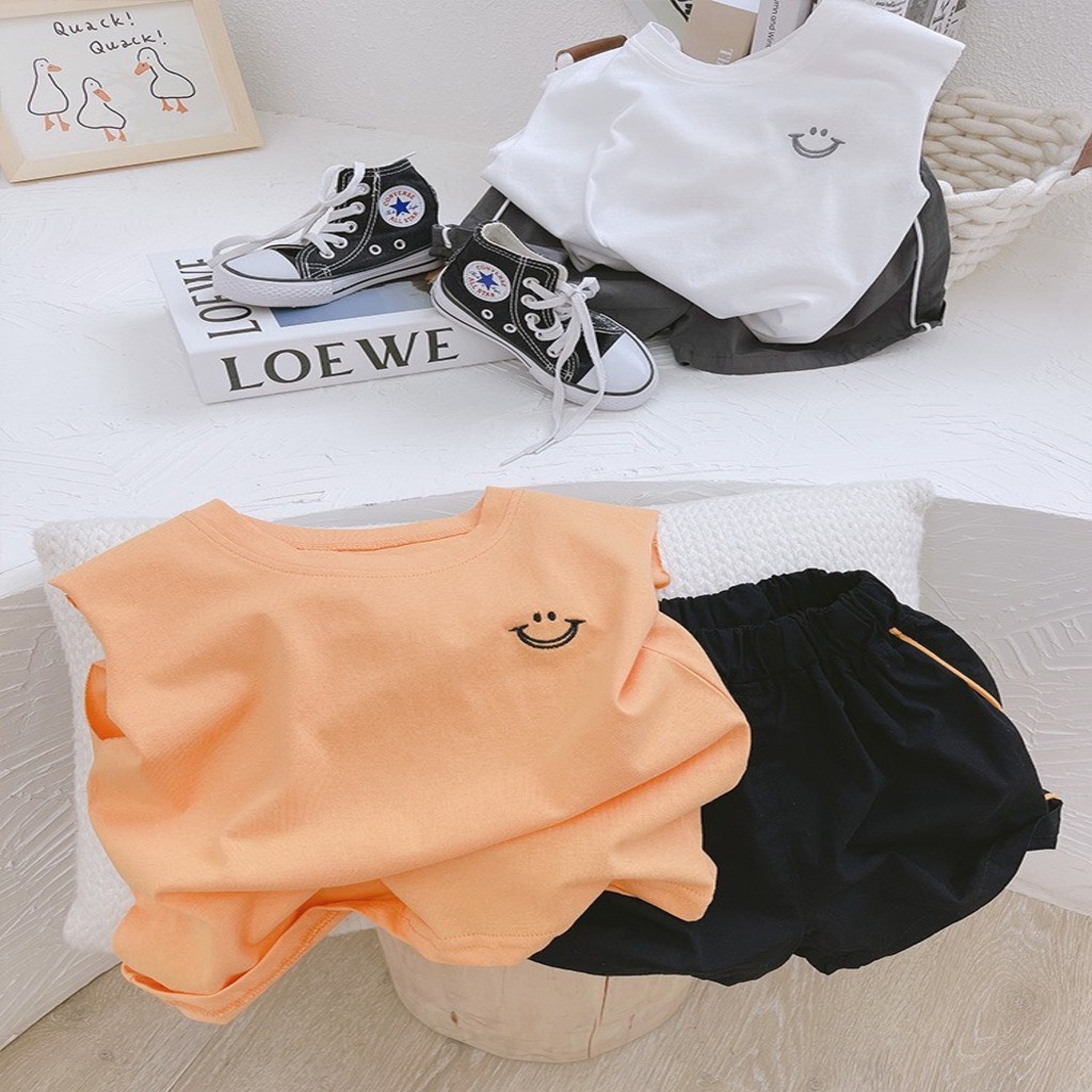 Đồ bộ bé trai quần áo ba lỗ cho bé,bộ sát nách Thêu Miệng Cười phối quần chạy viền cho bé từ 8-28kg Binbon kids