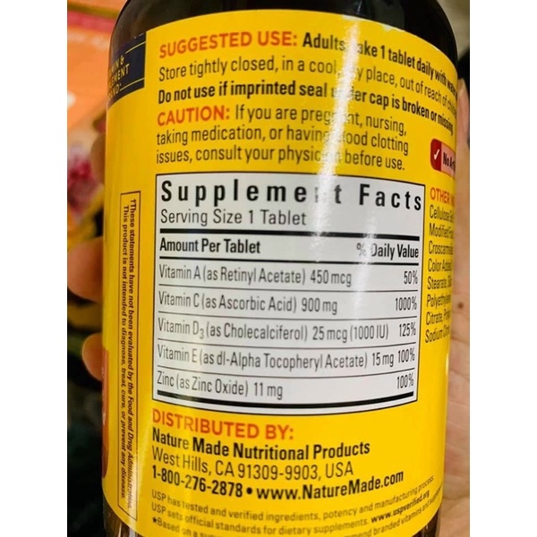 Viên uống Nature Made Super C with Vitamin D3 &amp; Zinc 200 viên - Hàng Mỹ