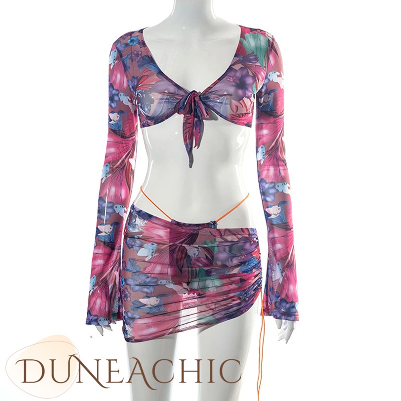 DUNEA Set Áo Lửng Dài Tay + Chân Váy Rút Dây Thời Trang Dành Cho Nữ