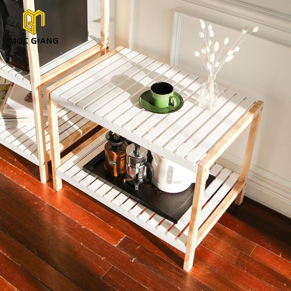 Kệ Lò Vi Sóng Bằng Gỗ 2 Tầng - Kệ Gỗ Đa Năng Phối Màu Trắng + Màu Tự Nhiên