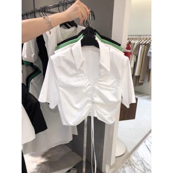 Áo Sơ Mi Croptop Rút Ngực Tay Ngắn