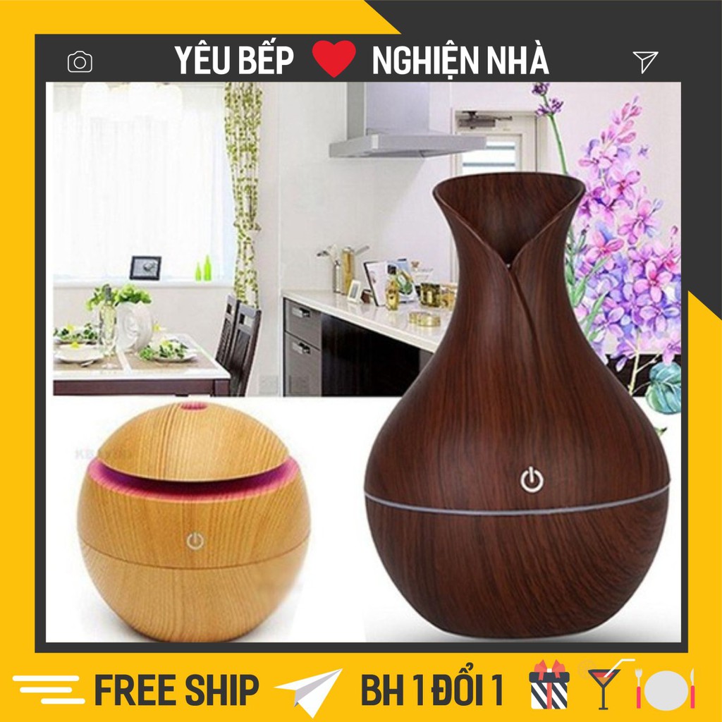 Máy xông tinh dầu vân gỗ - Máy phun sương tạo ẩm có đèn kiểu dáng sang trọng
