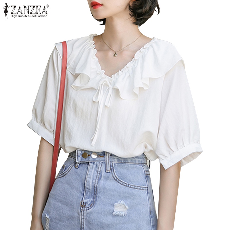 Áo Kiểu Cổ Chữ V Tay Lỡ Phối Bèo Thời Trang Cho Nữ ZANZEA