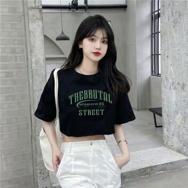 AMOI Áo Thun Cotton Tay Ngắn Lưng Cao Dáng Rộng Phong Cách Hàn Quốc Dành Cho Nữ