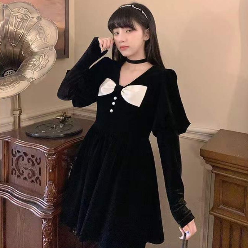 Đầm Nhung Dự Tiệc Phối Nơ Phong Cách Hàn Quốc Mới