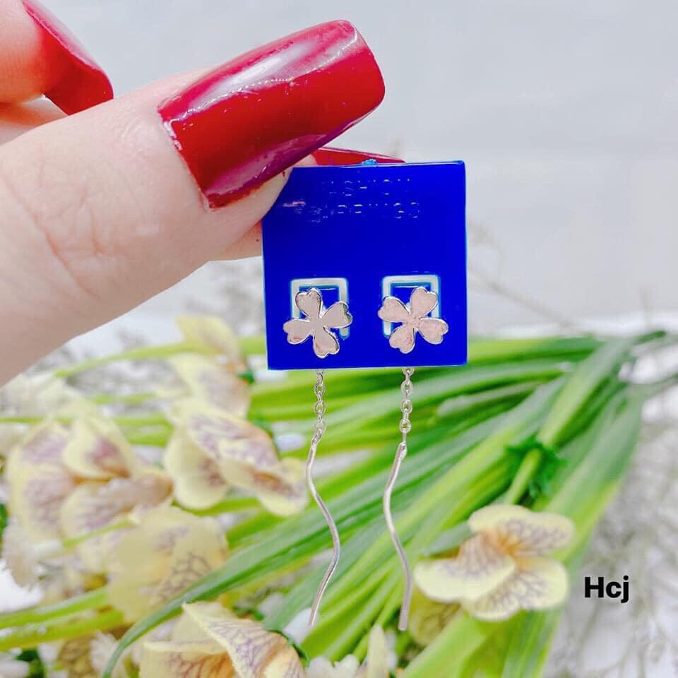 Bông tai cỏ 4 lá gắn tua LINH'S MIU SILVER Bông tai bạc ta