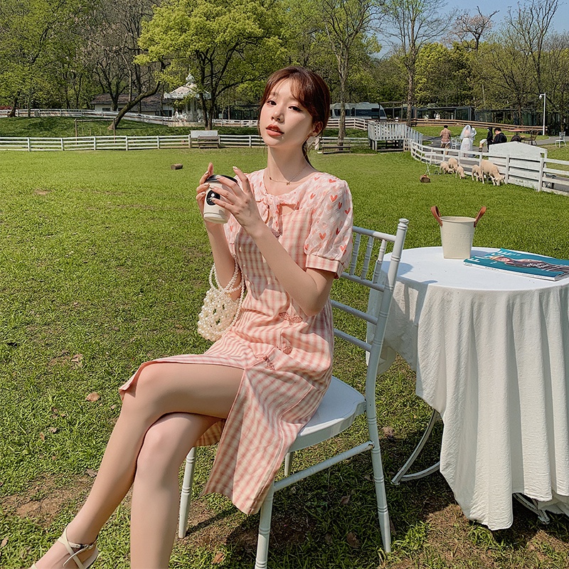 Real Shot Spot Plaid Floral Chiffon Dress Women Can Be Sweet and Salt Temperament Age Reduction Small Modified Cheongsam a Skirt Button Split Bow Pink S M L XL