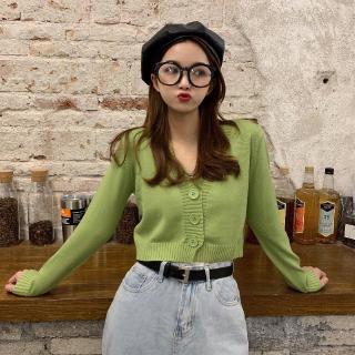 Áo Khoác Cardigan Dệt Kim Tay Dài Cổ Chữ v Lưng Cao Màu Xanh Bơ Thời Trang Trẻ Trung Cho Nữ