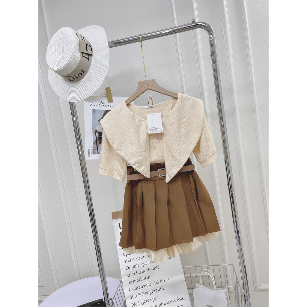 Set áo sơ mi cổ thuyền mix chân váy xếp li nâu tây kèm thắt lưng MIVOSA SV147
