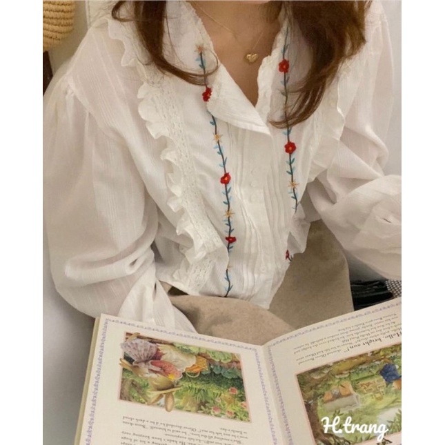 Sơ mi viền ren thêu hoa siêu xinh