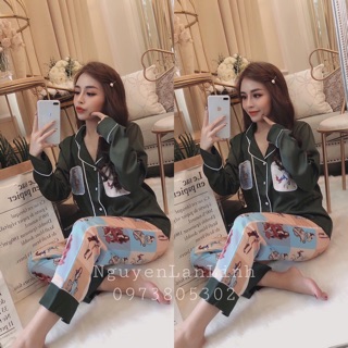 BỘ NGỦ LỤA SATIN DÀI TAY HÌNH CÔ GÁI