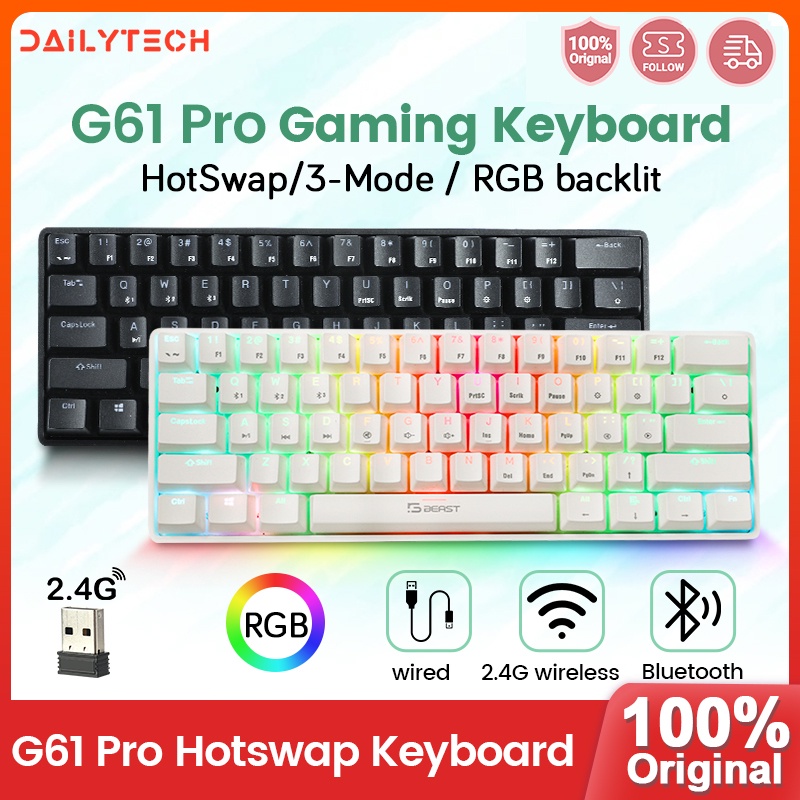 G61 Bàn Phím Không Dây Bluetooth/2.4G/Wired 61 Phím RGB Dùng Chơi Game Có Hiệu Ứng Ánh Sáng/Xanh Dương/Nâu