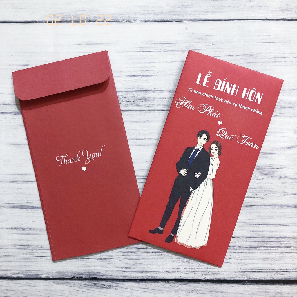 Bao lì xì đám cưới đỏ in tên theo yêu cầu - Bao lì xì bưng quả in tên dâu rể