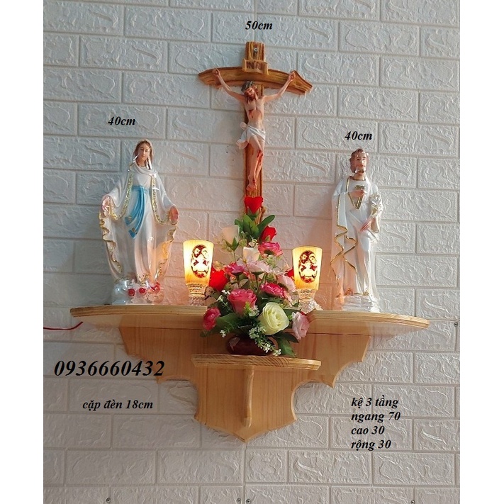 BỘ BÀN THỜ KỆ GỖ THÔNG 3 TẦNG, TƯỢNG ĐỨC MẸ & THÁNH GIUSE CAO 40CM VÀ THÁNH GIÁ CHÚA CHỊU NẠN 60CM - CHẤT LIỆU COMPOSITE