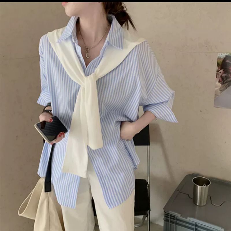 Áo sơ mi kẻ sọc kèm khăn quàng phong cách hàn quốc dáng tay lỡ