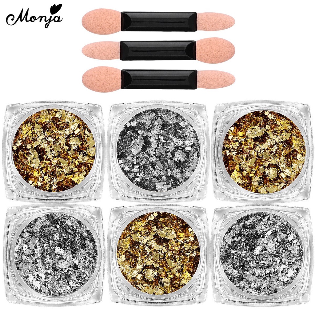 MONJA Set 6 hộp lá nhôm lấp lánh màu vàng/bạc trang trí móng nghệ thuật diy