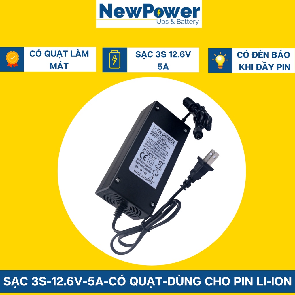 Sạc 3S 12.6V-5A dùng cho Pin Li-ion -Có Quạt- Có Đèn Báo Đầy Pin