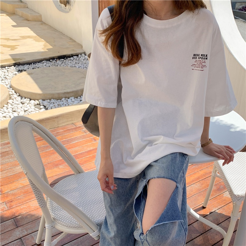 Áo thun ngắn tay cổ tròn dáng rộng in họa tiết chữ trẻ trung hợp thời trang