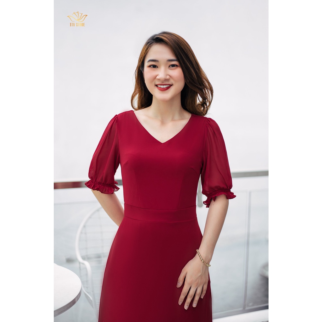 Đầm trung niên chữ a dự tiệc sang trọng cổ tim tay bo màu đỏ đô TTV972