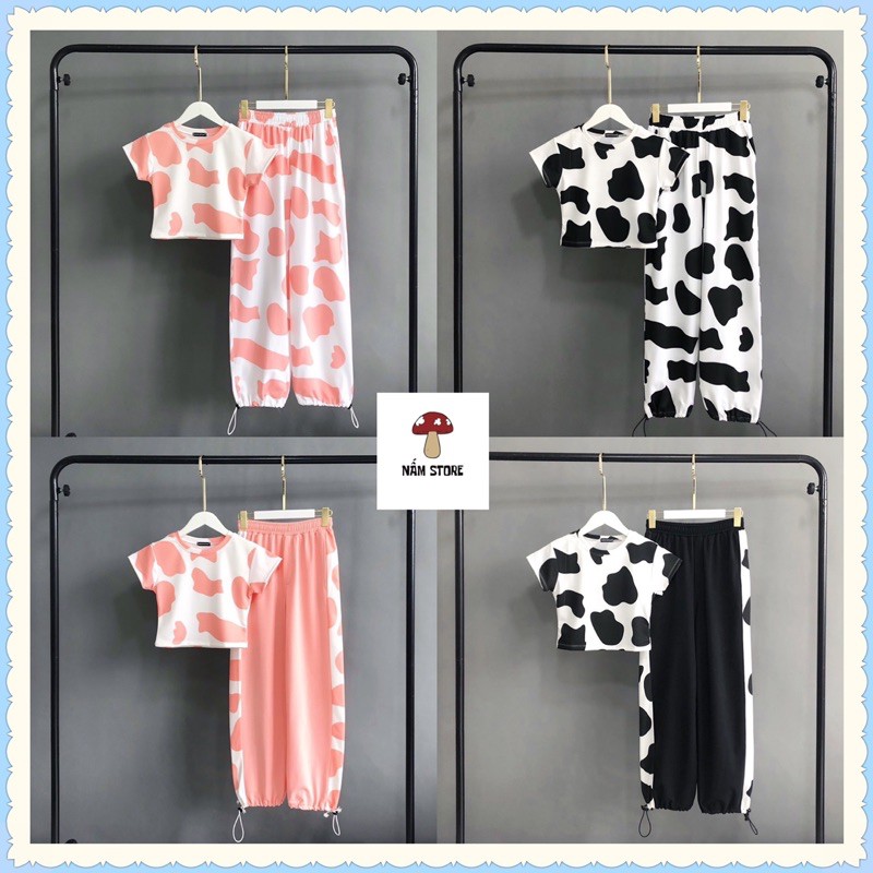 Set Bộ Áo croptop Bò Sữa kèm Quần Jogger Bò Sữa Ống Rộng Dây Rút Ống / Quần 1 line Bò Sữa