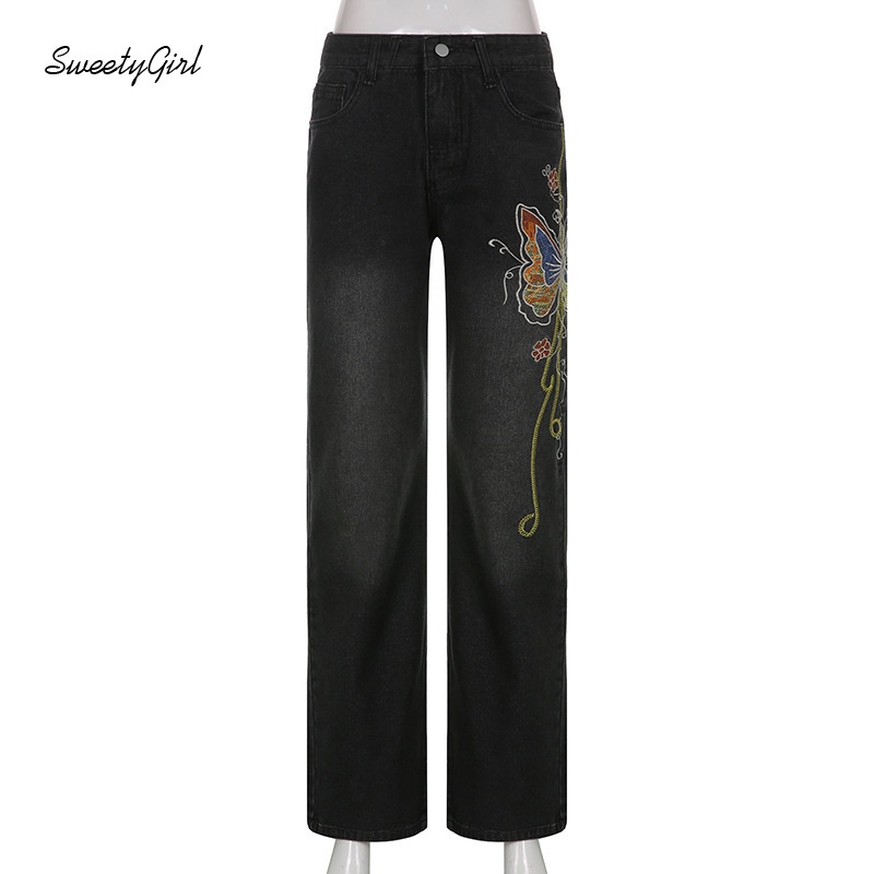 Quần Jeans Ống Rộng Lưng Cao Thêu Hình Bướm Mẫu Mới 2022 Cho Nữ
