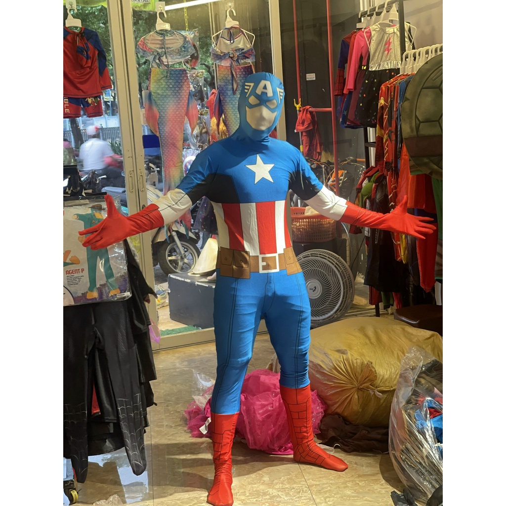 NGƯỜI LỚN - TRẺ EM Trang Phục Áo Liền Quần Hóa Trang Đội Trưởng Mỹ Captain America Teen Cho Bé Cao Từ 120 - 130cm