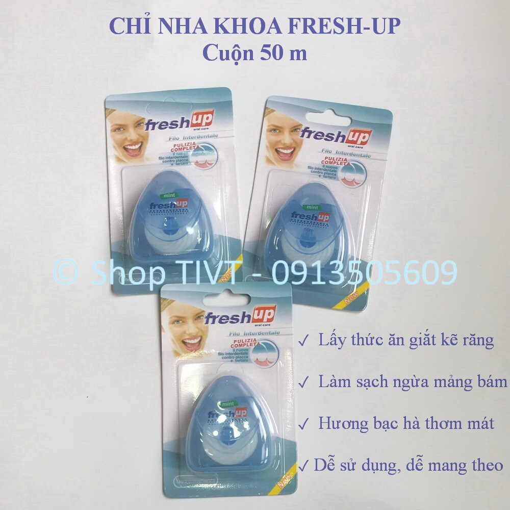 Chỉ nha khoa Fresh Up 50m, hương vị bạc hà, thương hiệu Ý, loại bỏ, làm sạch thức ăn giắt trong khe kẽ răng-TIVT