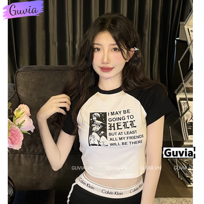 Áo Croptop Ôm Body Nữ HELL Cổ Tròn Tay Ngắn, Áo Thun Croptop Kiểu Sexy In Họa Tiết GUVIA CR58 | BigBuy360 - bigbuy360.vn