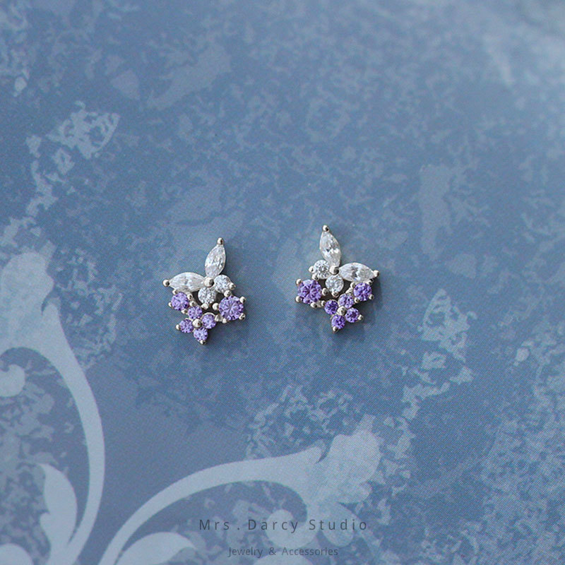 MRS.D【In Stock】100% Sterling Silver Purple Butterfly S925 Earrings Stud Earrings Colors of Zircon Jewelry Gift Ear Clips Minimalist Earring Design Jewelry Girls Allergy Free