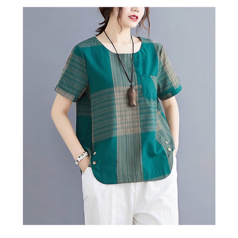 Áo Thun Cotton Lanh Mùa Hè 2022 Tay Ngắn Dáng Rộng Phối Túi Họa Tiết Kẻ Sọc Cổ Điển Có Túi Thời Trang Cho Nữ