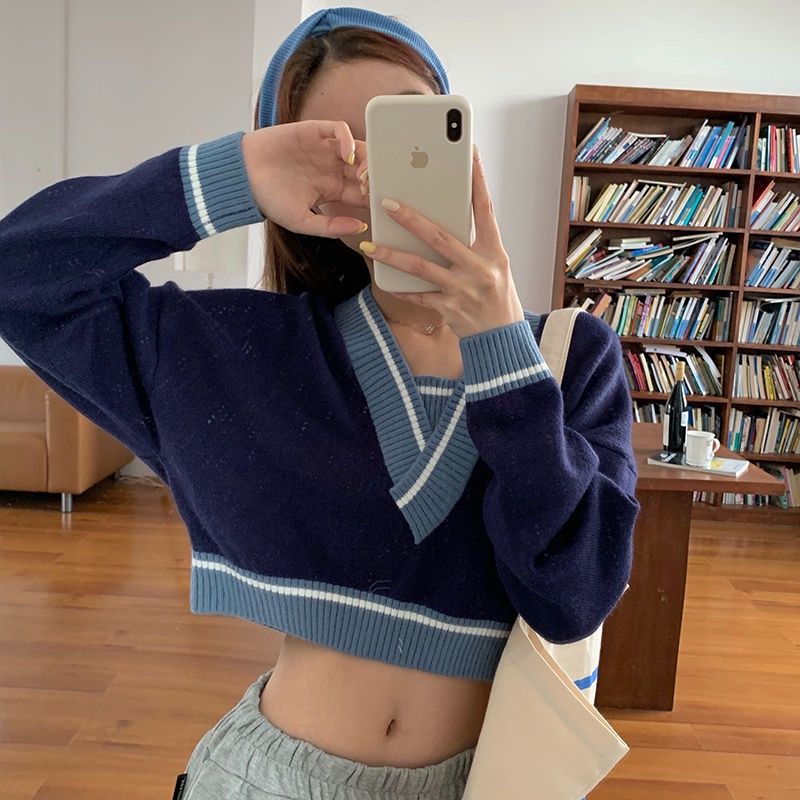 Áo len tay dài cổ chữ v màu sắc thời trang phong cách Hàn Quốc dành cho nữ