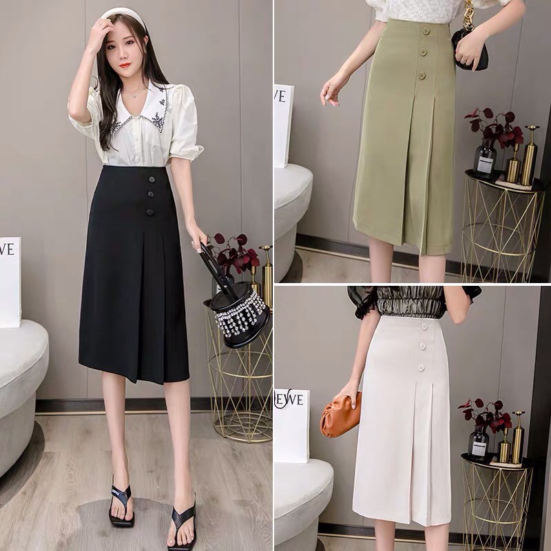 Chân váy đẹp_ xếp li phối 3 khuy - 4BASIC - CV01