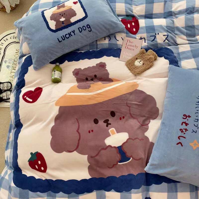 Trọn bộ 4 món chăn ga gối nỉ nhung mịn hàng nhập khẩu dày đẹp