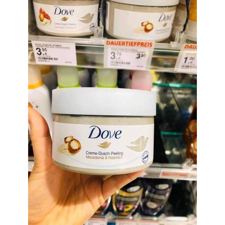 (Nội địa Đức) Tẩy tế bào chết Dove 225ml Trả bill đầy đủ Macadamia & Rice Milk : hạt macca & sữa gạo