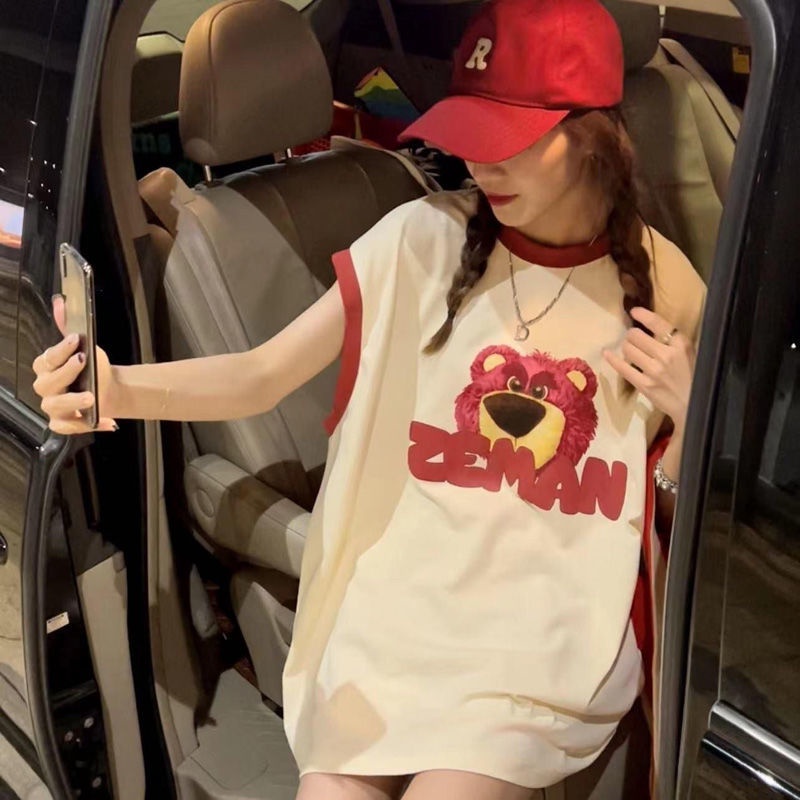 Áo Thun T-shirt Cotton Không Tay In Hình Gấu Dâu Tây Thời Trang Mùa Hè Dành Cho Nữ