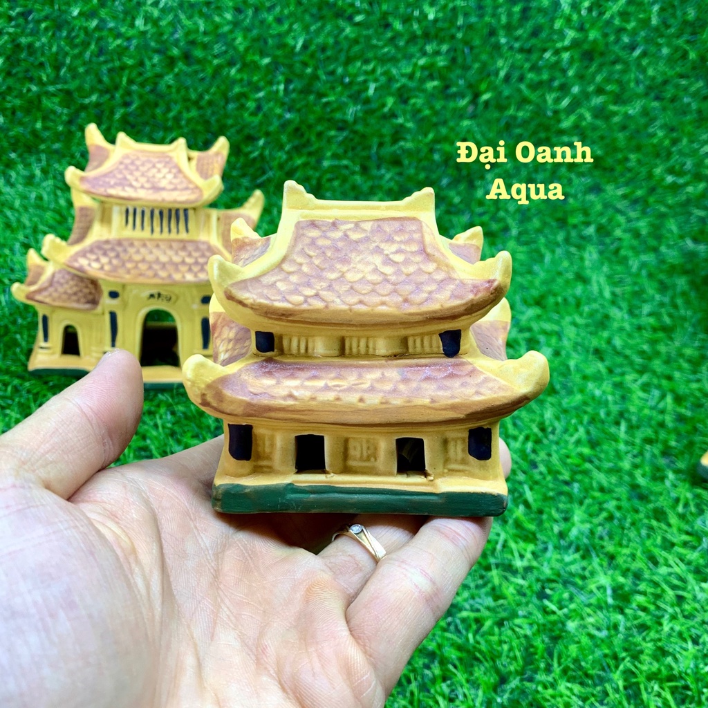Mô hình Cổng làng Chùa Bắc Bộ 2 mái trang trí tiểu cảnh, bể cá, chậu cây, hòn non bộ, sân vườn