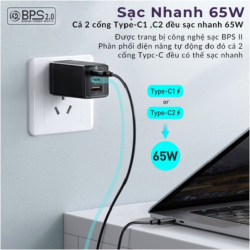 Củ sạc, Cốc sạc nhanh Baseus 65W GaN 2 Pro - Smartphone/ Tablet/ iPad/ Macbook/ Laptop (Type Cx2 + USB, PD3.0/ PPS/ QC4)