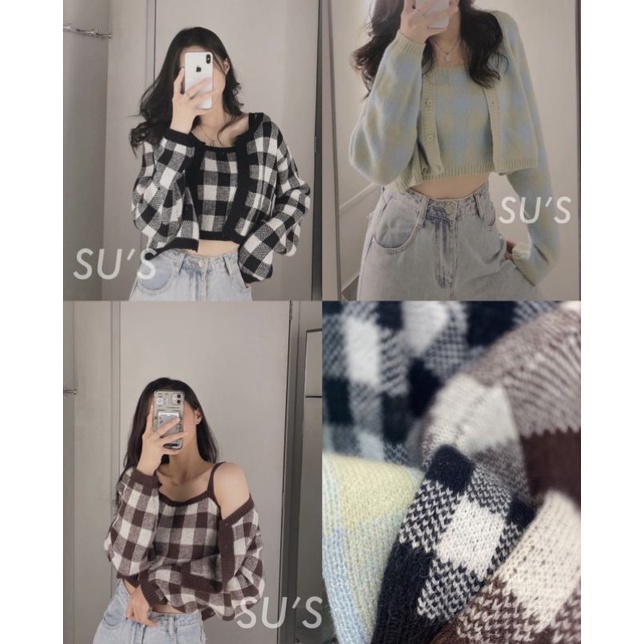 Set len kẻ caro 2 món áo khoác croptop kèm áo 2 dây
