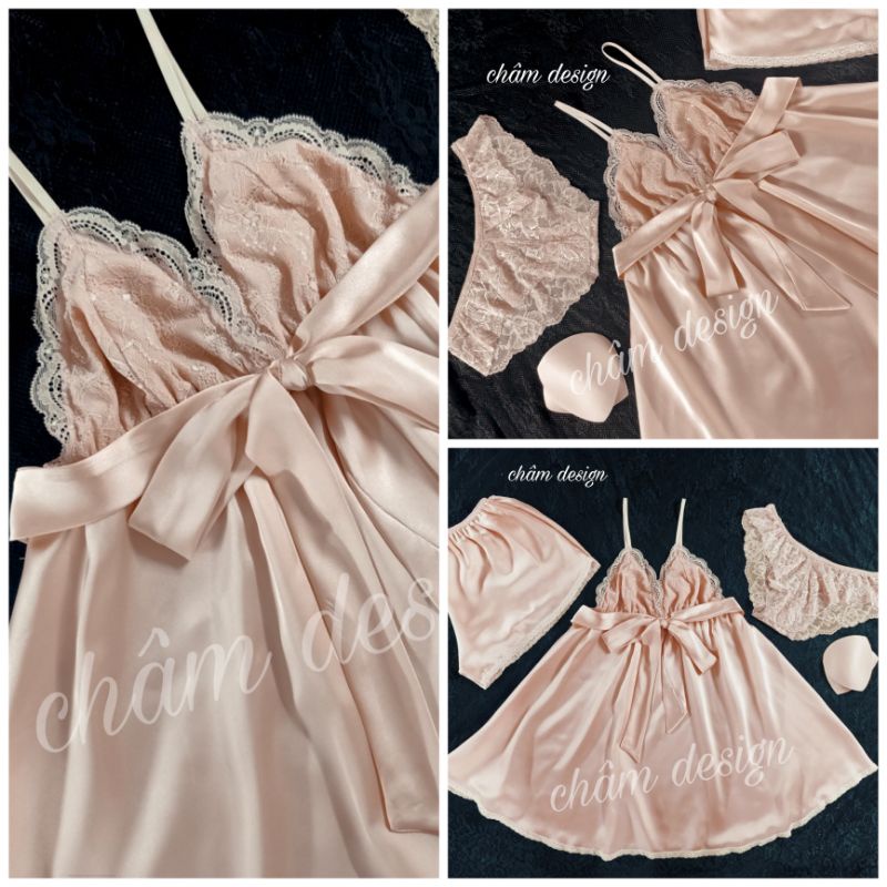 váy ngủ lụa satin màu da có ren lưng sau. Hàng thiết kế độc quyền