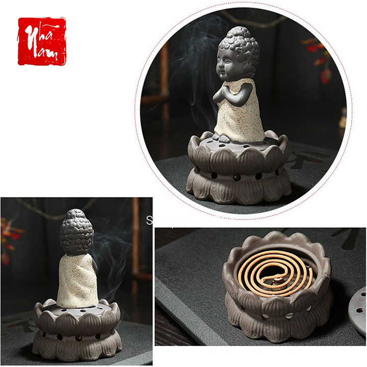 Lư gốm xông trầm hương đỉnh đốt nhang hình phật gốm sứ tử sa tặng 1 nụ trầm hương Linh Tâm