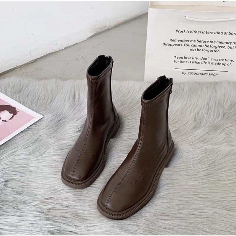 Giày Boot Cổ Cao Ulzzang Đế Bằng Mũi Vuông Khóa Sau Cùng Lớp Lót Siêu Ấm Siêu Thời Trang Cho Nữ