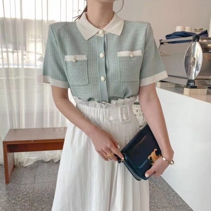 Áo sơ mi cổ bẻ phối một hàng nút phong cách Hàn Quốc thời trang cho nữ