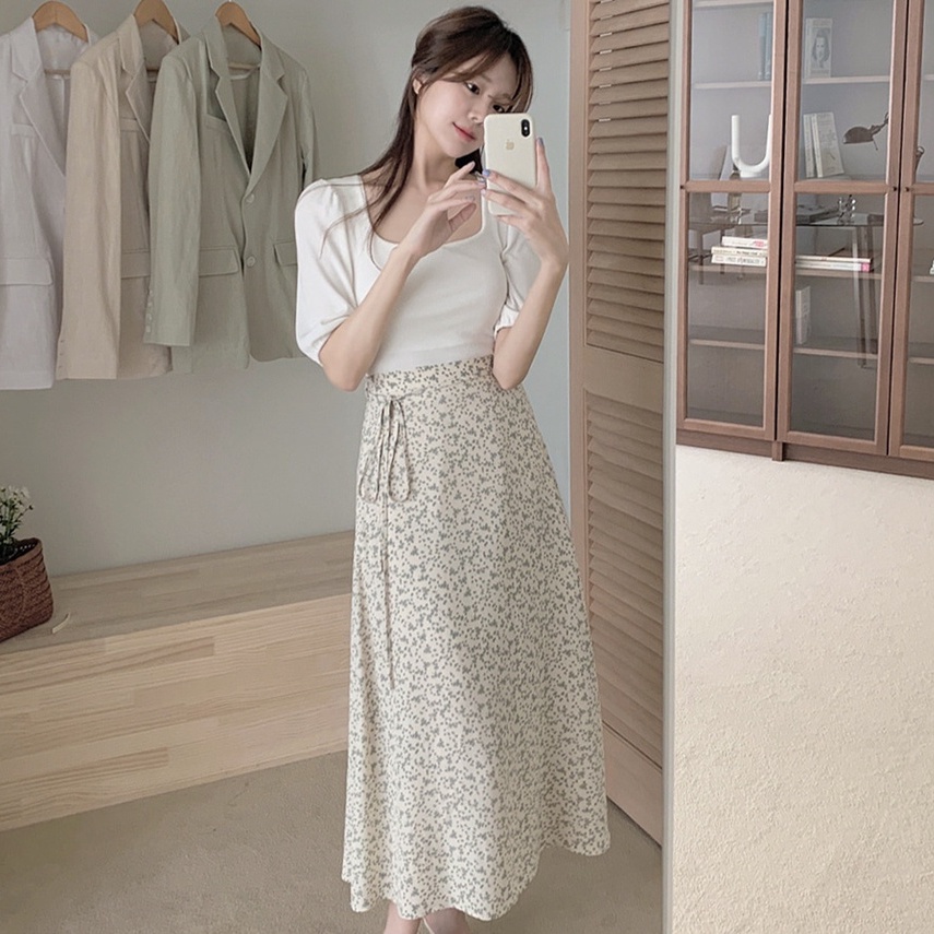 Bộ Áo Sơ Mi Cổ Chữ U + Chân Váy Midi Lưng Cao Dáng Ôm In Hoa Kiểu Vintage Hàn Quốc Đơn