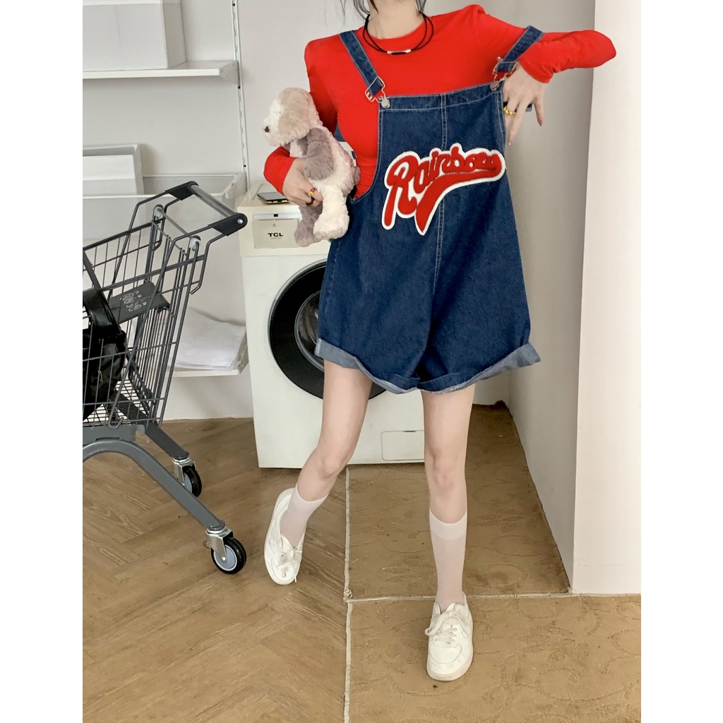 Quần Yếm Jean Ngắn Dáng Suông Rộng Phong Cách Vintage Thời Trang Hàn Quốc Cho Nữ