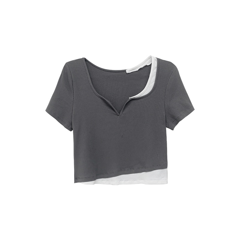622152#Áo Thun Ngắn Tay Cổ Chữ V Giả Hai Lớp Màu Sắc Tương Phản Thời Trang Dành Cho Nữ